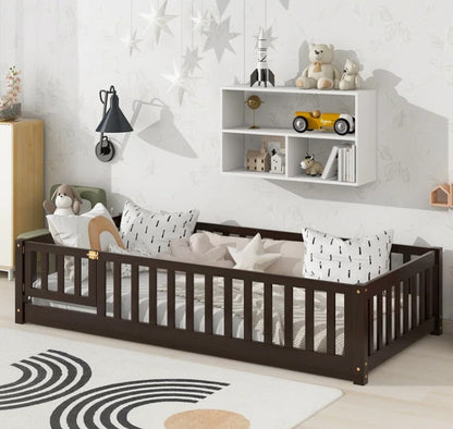 Brand New in Box Floor Platform Bed With Fence Guardrails And Door, Twin Size, Espresso (#176)