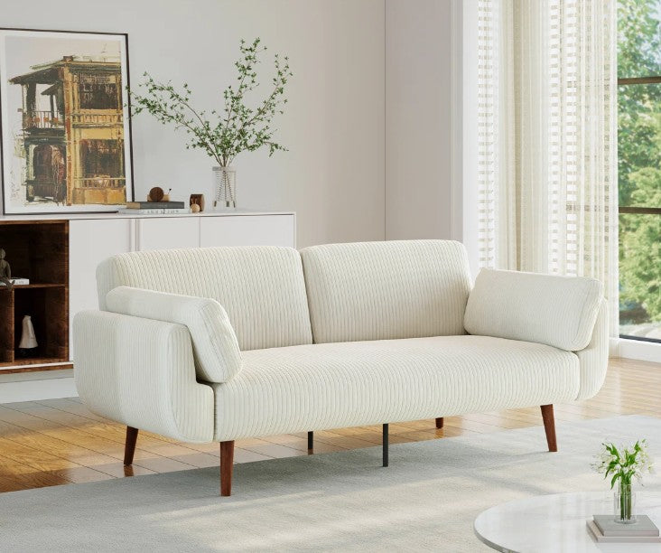 Brand New in Box Upholstered Beige Corduroy Convertible Sofa Bed, Futon Sleeper (#212)