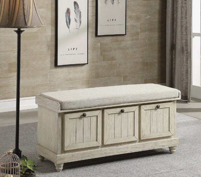 Brand New in Box Linen Upholstered Storage Bench, Antique White (#230)