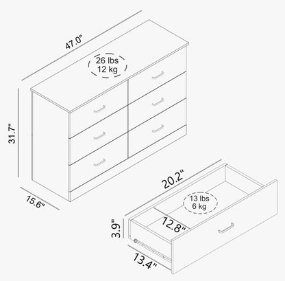 Brand New in Box 6-Drawer Double Dresser with Interlocking Drawers, Dusty Grey Oak (#285)