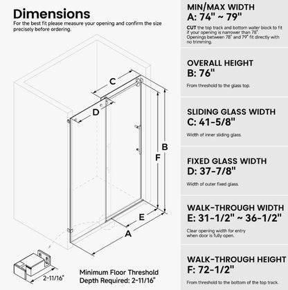 Brand New in Box 74-79" W X 76" H Frameless Single Sliding Shower Door, Matte Black (#293)