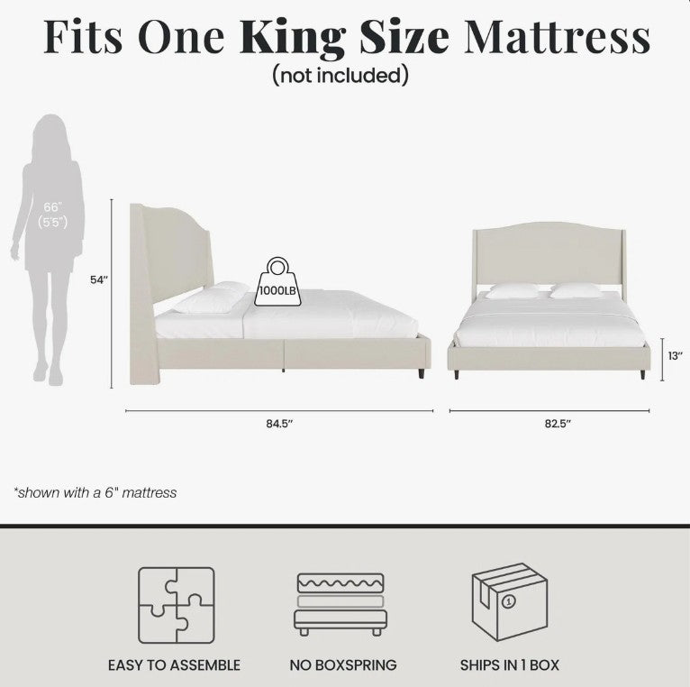 Brand New in Box Upholstered Wingback Platform King Size Bed with Curved Headboard, Cream (#238)