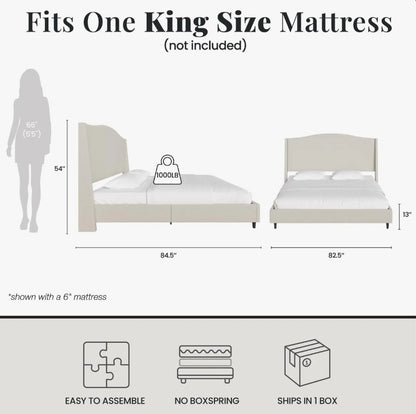 Brand New in Box Upholstered Wingback Platform King Size Bed with Curved Headboard, Cream (#238)
