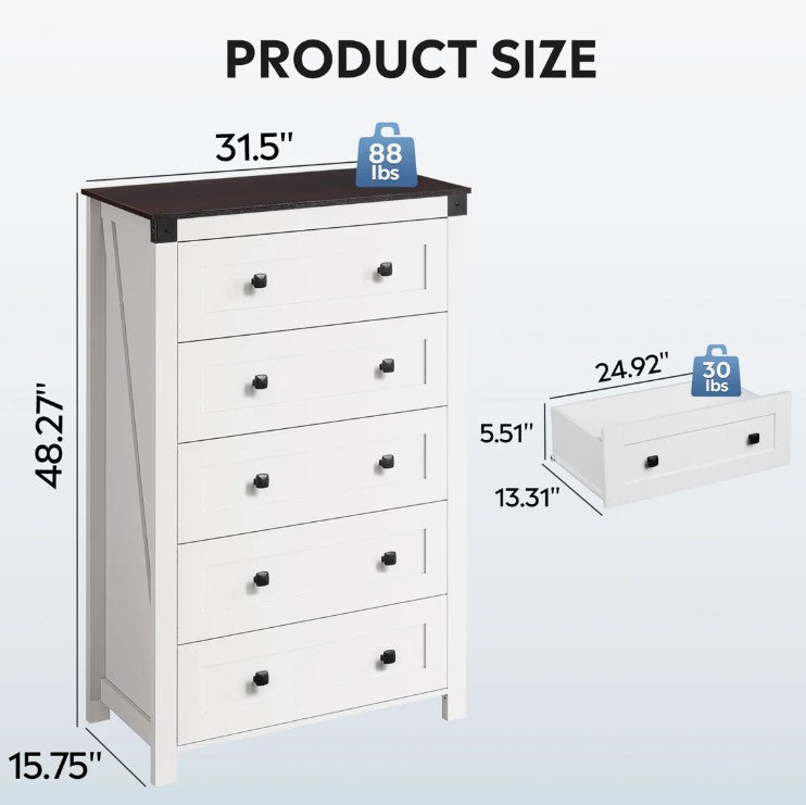 Brand New in Box 5-Drawer Farmhouse Dresser for Bedroom, White (#284)