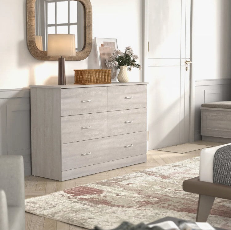 Brand New in Box 6-Drawer Double Dresser with Interlocking Drawers, Dusty Grey Oak (#285)