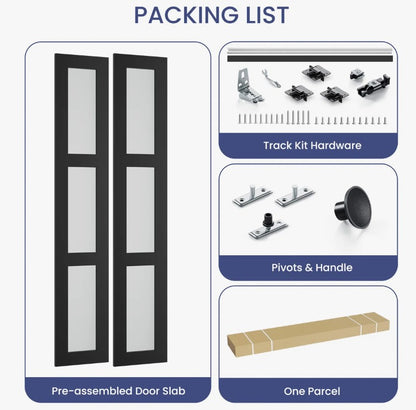 Brand New in Box 3-Lite Frosted Glass and Black Manufactured Wood Bi-Fold Doors w/ HW Kit. (#103)