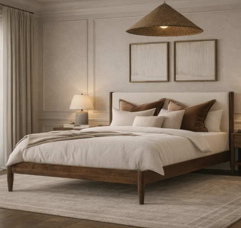 Brand New in Box Solid Wood Boucle Upholstered Headboard Queen bed, Walnut Cream Boucle, (#245)