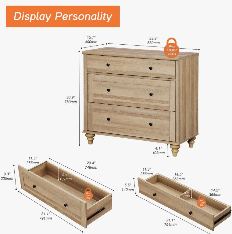 Brand New in Box 3 Drawer Dresser for Bedroom, With Wide Chest of Drawers (#281)