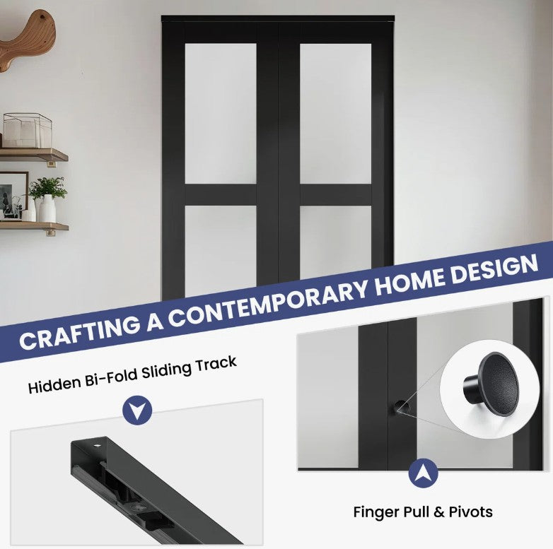 Brand New in Box 3-Lite Frosted Glass and Black Manufactured Wood Bi-Fold Doors w/ HW Kit. (#103)