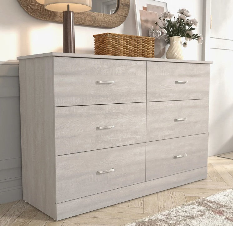 Brand New in Box 6-Drawer Double Dresser with Interlocking Drawers, Dusty Grey Oak (#285)