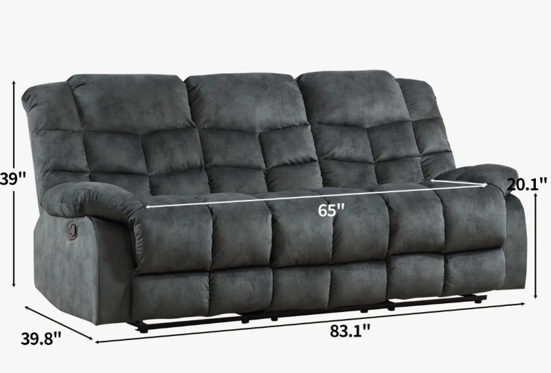 Brand New in Box Overstuffed Manual Reclining Sofa with Wide Backrest, Smoke Gray (#214)