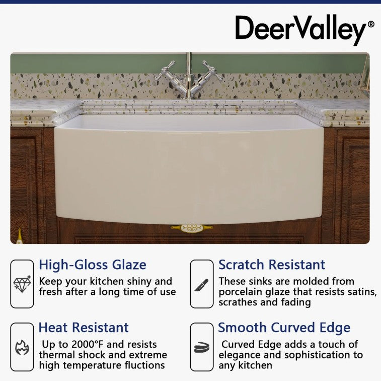 Brand New in Box DeerValley Fireclay 30” Single Basin Curved Farmhouse Kitchen Sink (#222)