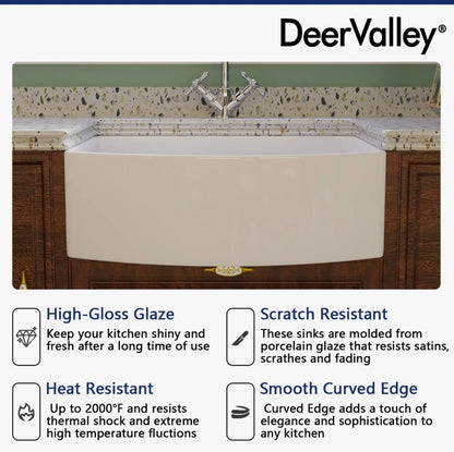 Brand New in Box DeerValley Fireclay 30” Single Basin Curved Farmhouse Kitchen Sink (#222)