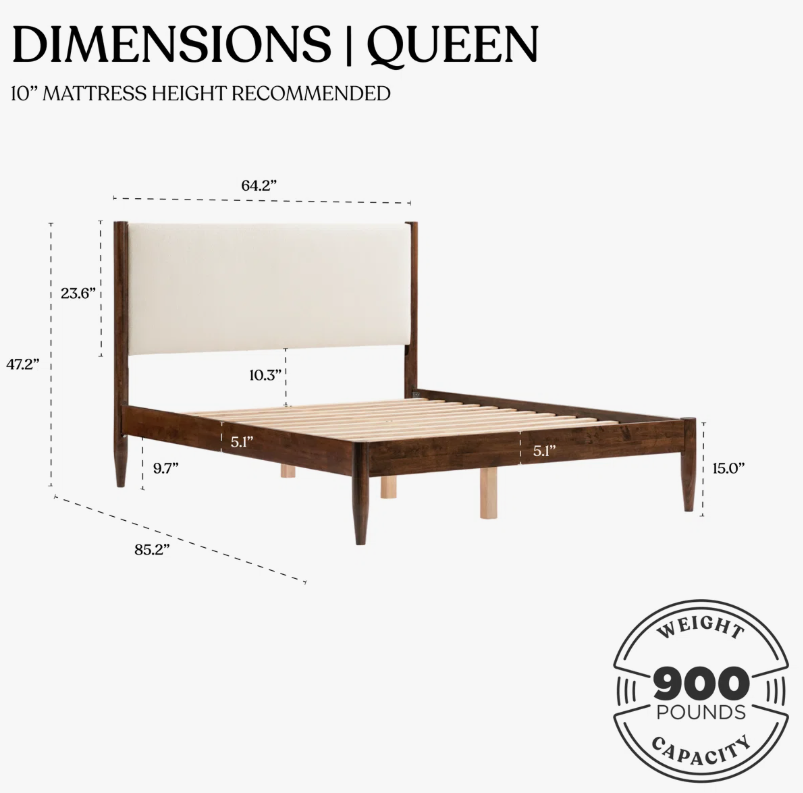 Brand New in Box Solid Wood Boucle Upholstered Headboard Queen bed, Walnut Cream Boucle, (#245)