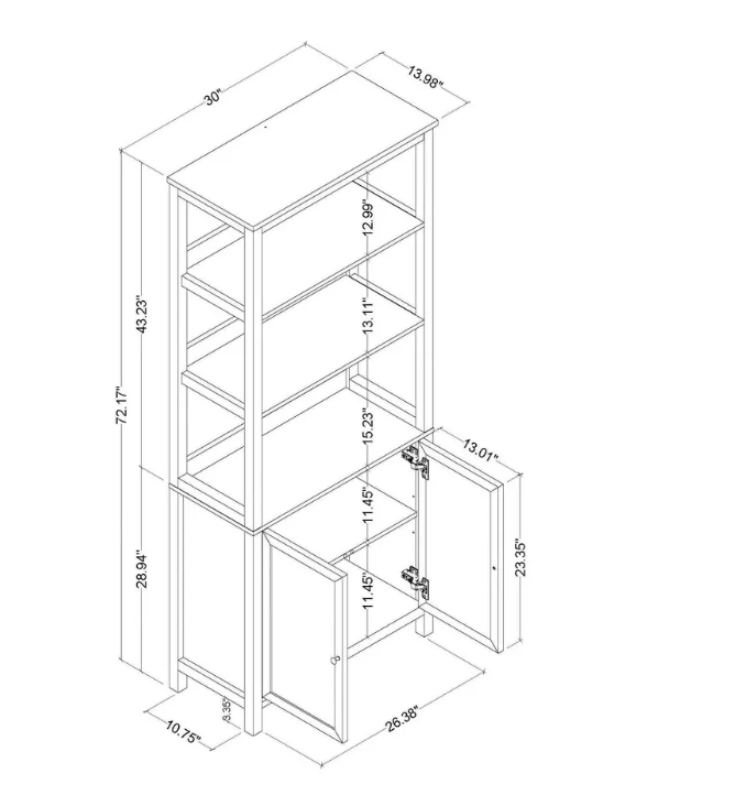 Brand New in Box 72" Bookcase Traditional With Three Open Shelves and Cabinet Classic White (#253)