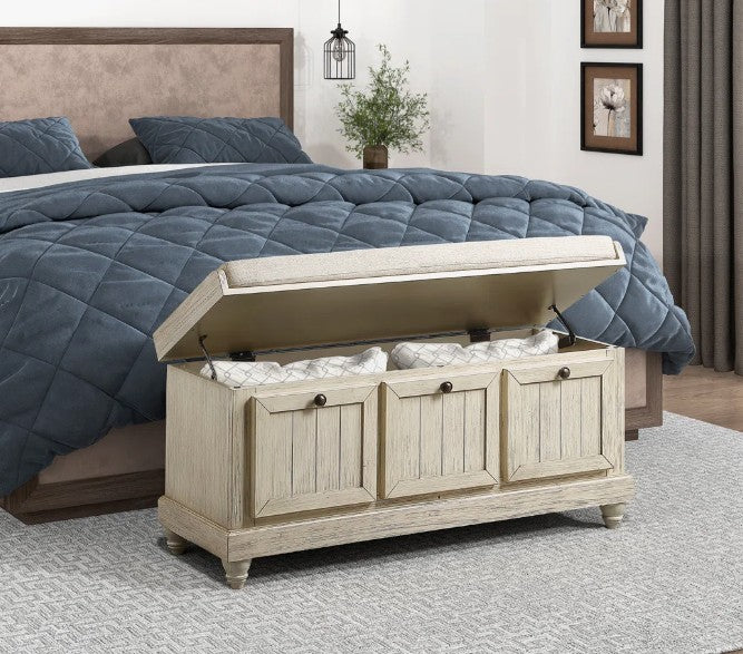 Brand New in Box Linen Upholstered Storage Bench, Antique White (#230)