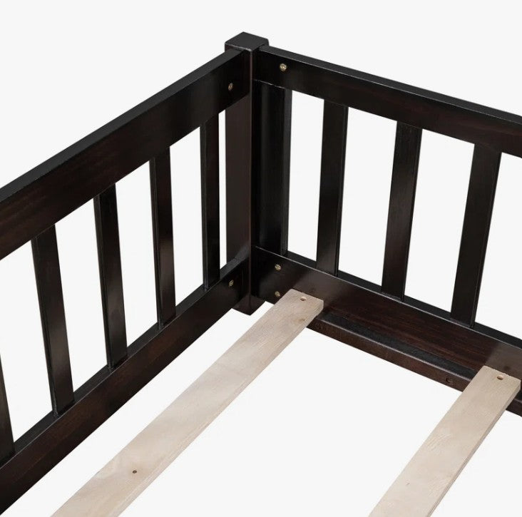 Brand New in Box Floor Platform Bed With Fence Guardrails And Door, Twin Size, Espresso (#176)