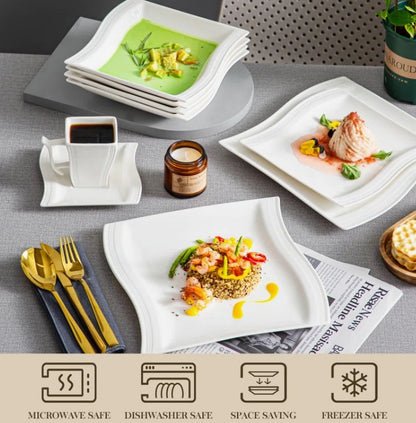 Brand New in Box 30-Piece Square Porcelain Dinnerware Sets, Service For 6 (Two Available) (#180)