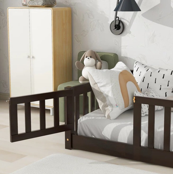 Brand New in Box Floor Platform Bed With Fence Guardrails And Door, Twin Size, Espresso (#176)