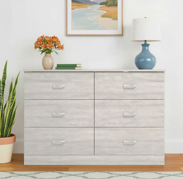 Brand New in Box 6-Drawer Double Dresser with Interlocking Drawers, Dusty Grey Oak (#285)
