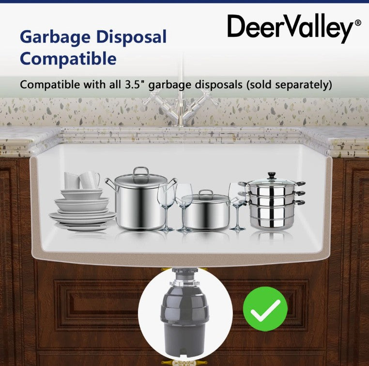 Brand New in Box DeerValley Fireclay 30” Single Basin Curved Farmhouse Kitchen Sink (#222)