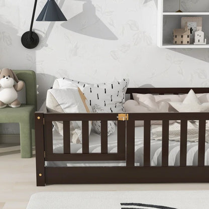 Brand New in Box Floor Platform Bed With Fence Guardrails And Door, Twin Size, Espresso (#176)