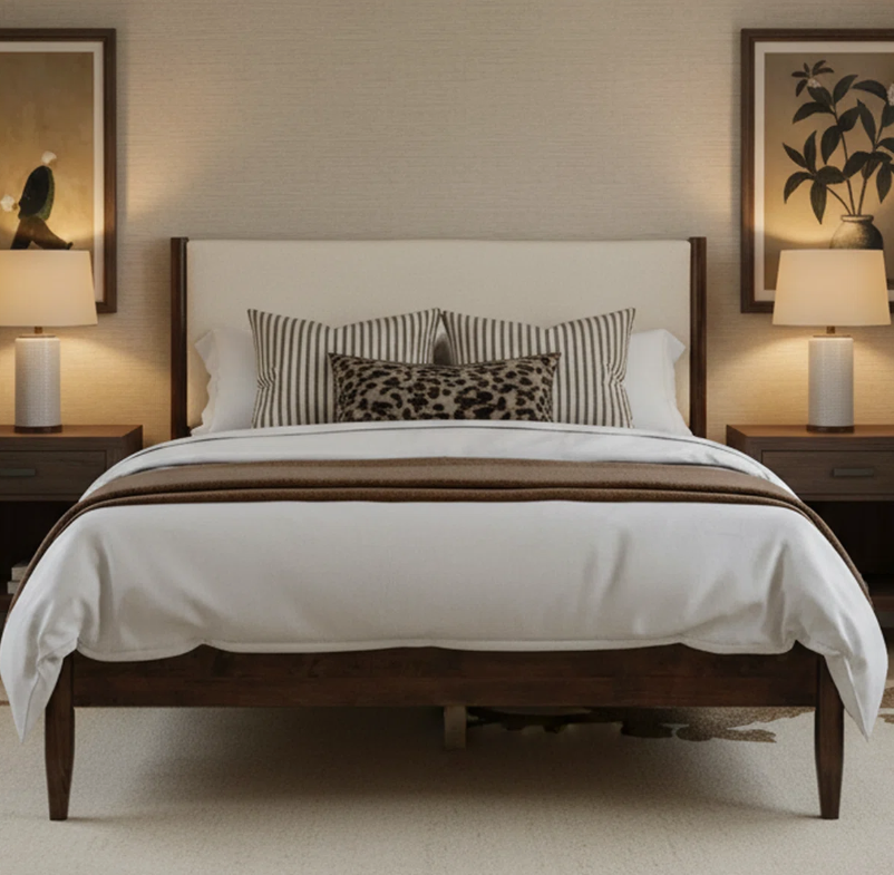 Brand New in Box Solid Wood Boucle Upholstered Headboard Queen bed, Walnut Cream Boucle, (#245)