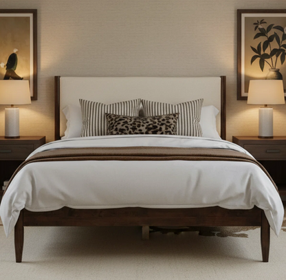 Brand New in Box Solid Wood Boucle Upholstered Headboard Queen bed, Walnut Cream Boucle, (#245)