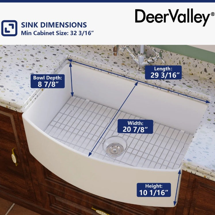 Brand New in Box DeerValley Fireclay 30” Single Basin Curved Farmhouse Kitchen Sink (#222)