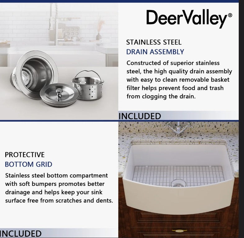 Brand New in Box DeerValley Fireclay 30” Single Basin Curved Farmhouse Kitchen Sink (#222)