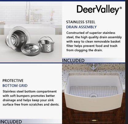 Brand New in Box DeerValley Fireclay 30” Single Basin Curved Farmhouse Kitchen Sink (#222)