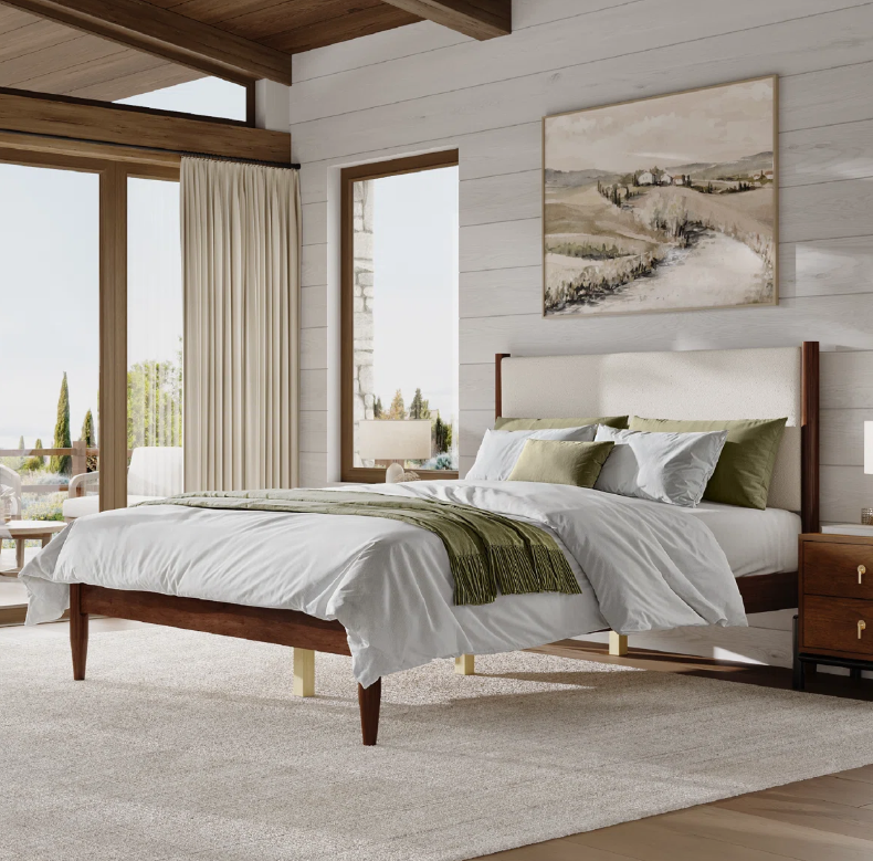 Brand New in Box Solid Wood Boucle Upholstered Headboard Queen bed, Walnut Cream Boucle, (#245)