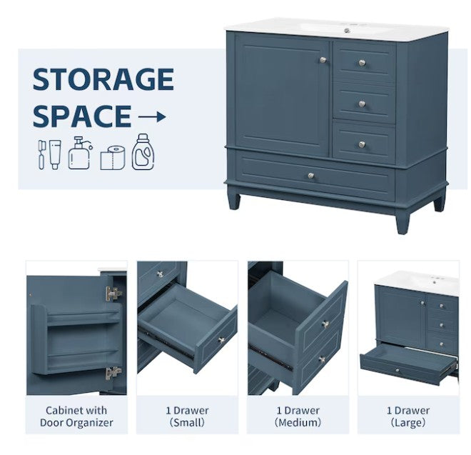 Brand New in Box Freestanding Blue Gray 36-in Single Sink Bathroom Vanity, (#225)