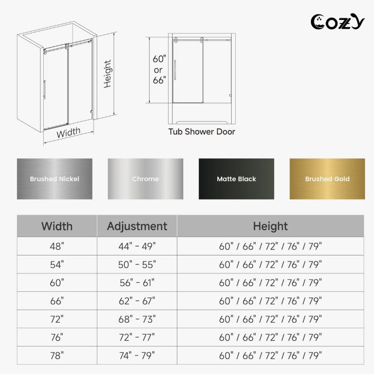 Brand New in Box 74-79" W X 76" H Frameless Single Sliding Shower Door, Matte Black (#293)