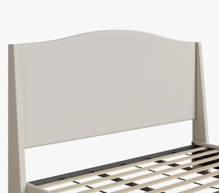 Brand New in Box Upholstered Wingback Platform King Size Bed with Curved Headboard, Cream (#238)