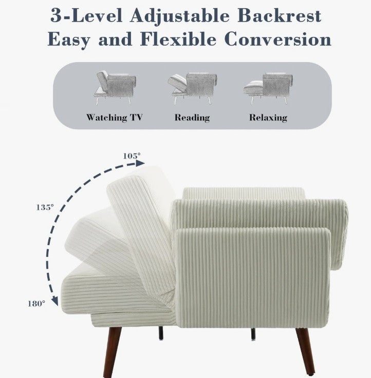 Brand New in Box Upholstered Beige Corduroy Convertible Sofa Bed, Futon Sleeper (#212)
