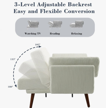 Brand New in Box Upholstered Beige Corduroy Convertible Sofa Bed, Futon Sleeper (#212)