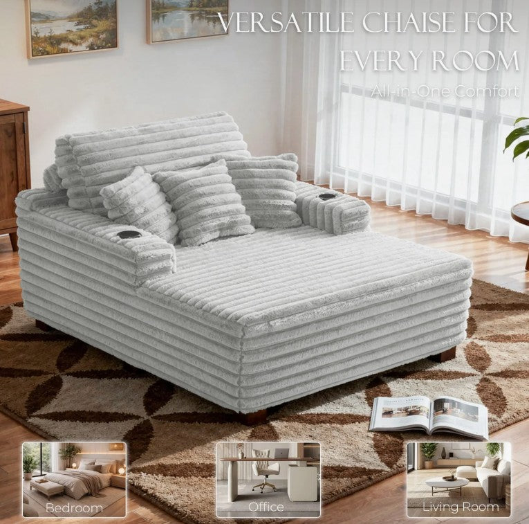 Brand New in Box Upholstered Compression Light Gray Faux Fur Chaise Lounge Sofa Bed (#257)
