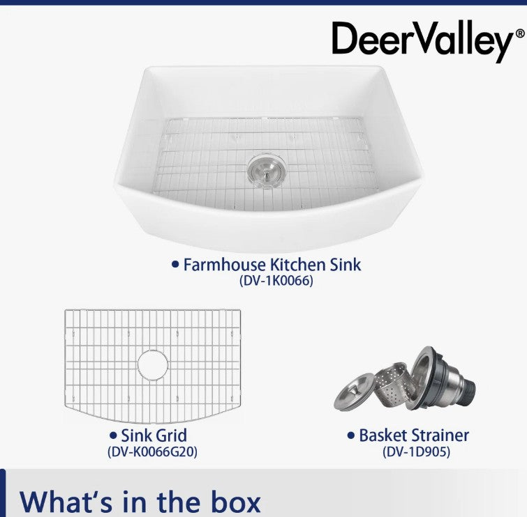 Brand New in Box DeerValley Fireclay 30” Single Basin Curved Farmhouse Kitchen Sink (#222)