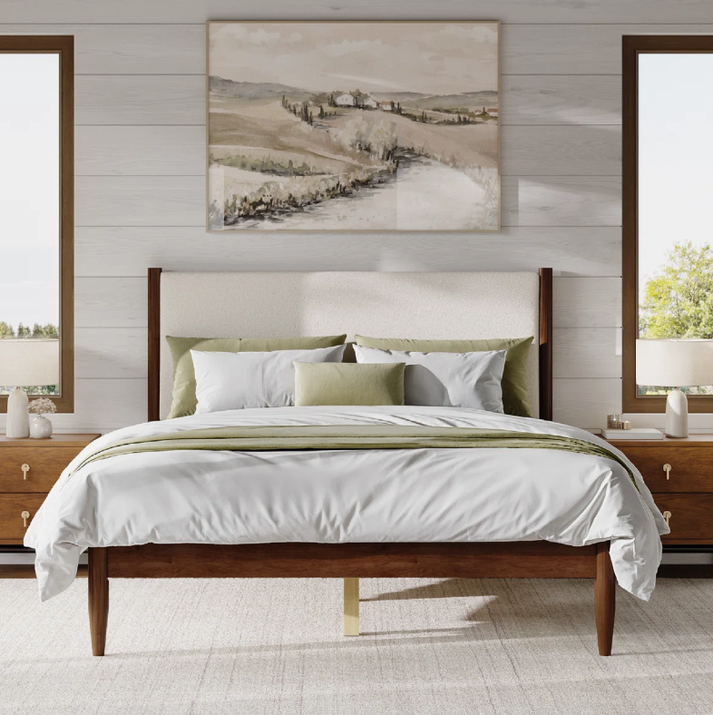 Brand New in Box Solid Wood Boucle Upholstered Headboard Queen bed, Walnut Cream Boucle, (#245)