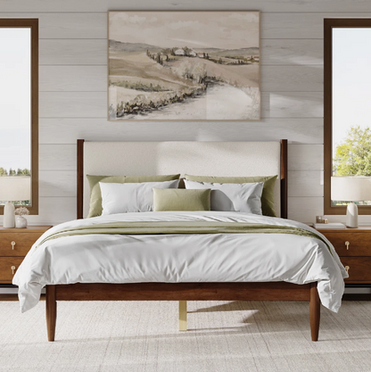 Brand New in Box Solid Wood Boucle Upholstered Headboard Queen bed, Walnut Cream Boucle, (#245)