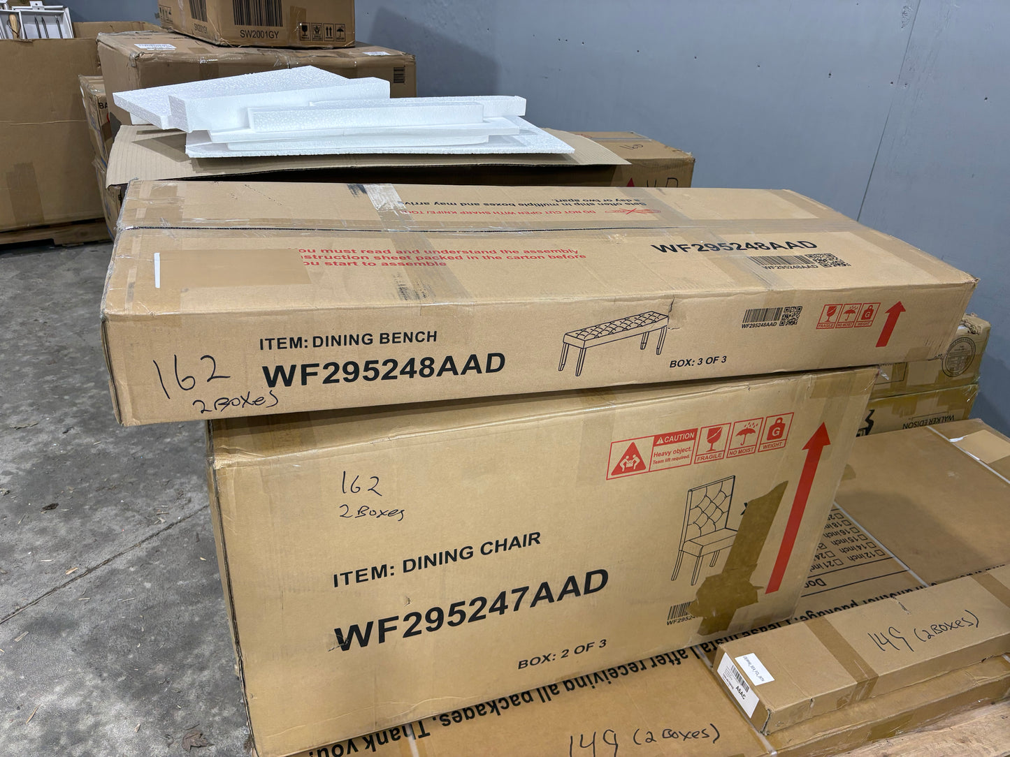 Brand new in box Set of Four Farmhouse Dining Chairs and Bench, Upholstered, Brown/Beige (#162)