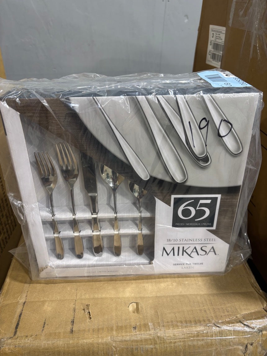 Brand New in Box Mikasa Satin Loft 65-Piece Flatware Set for 12, 18/10 Stainless Steel (#190)