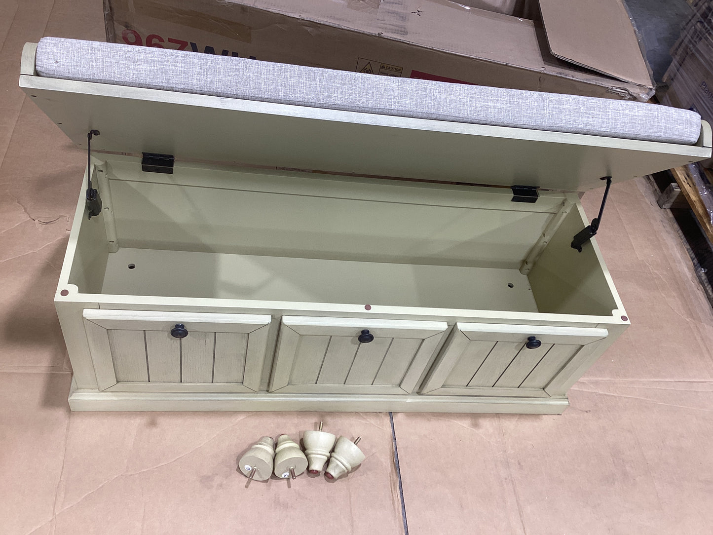 Brand New in Box Linen Upholstered Storage Bench, Antique White (#230)