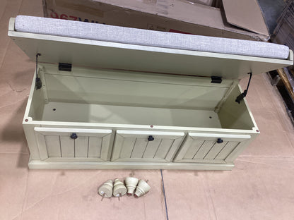 Brand New in Box Linen Upholstered Storage Bench, Antique White (#230)